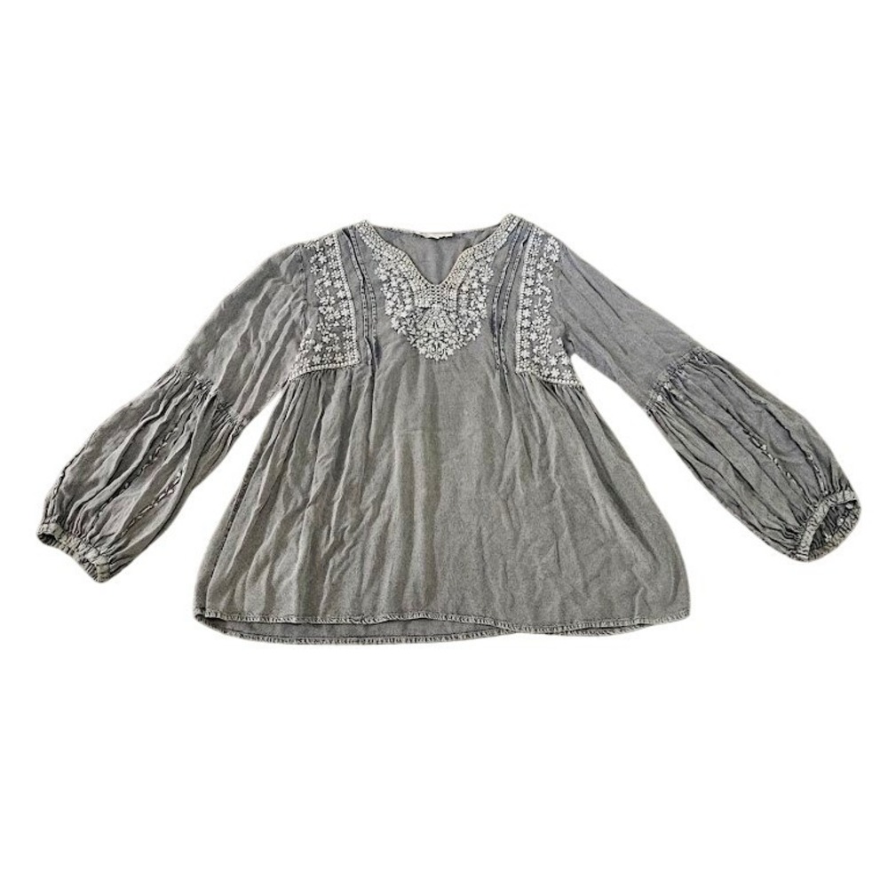 Solitaire Gray Embroidered Boho Peasant Blouse Women Large Top Balloon Sleeve